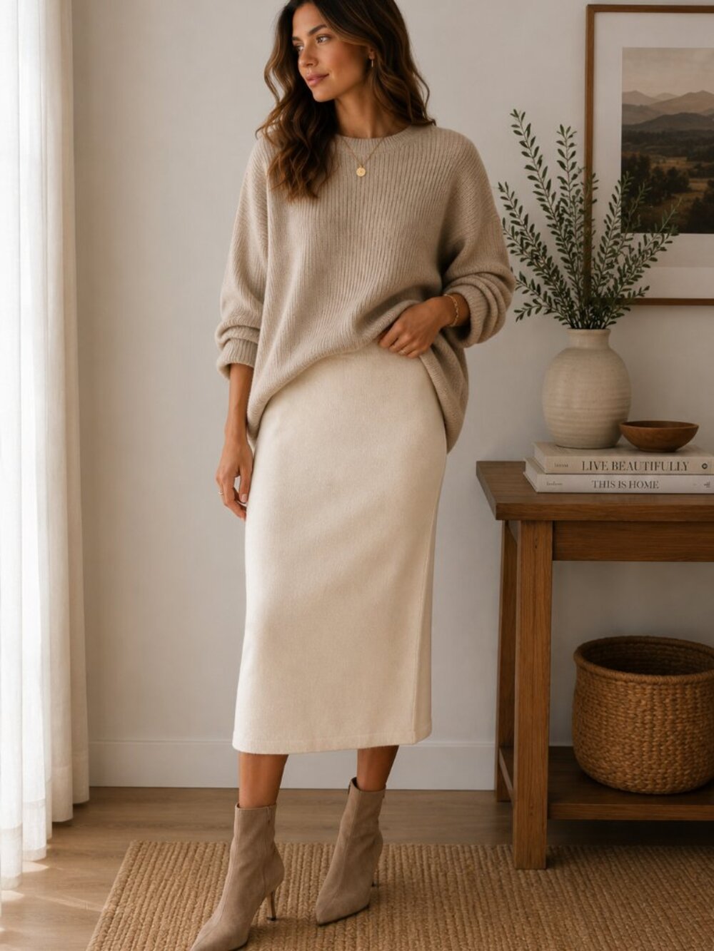 Vintage Liz Claiborne Cream Knit Midi Skirt Minimal Soft Wool Blend ✨